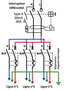 Schéma d'un interrupteur différentiel suivi de trois disjoncteurs magnéto-thermique