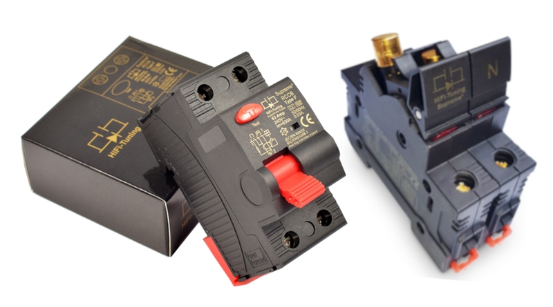 Vue d'un interrupteur différentiel et d'un porte fusible qui ont été améliorés par un fabricant pour un usage spécifique à la Hifi et Home Cinéma