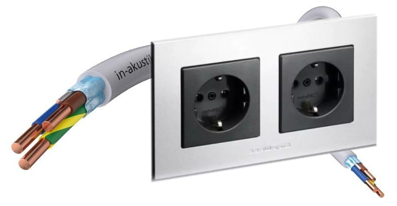 Vue d'un câble blindé et d'une double prise murale Schuko spécifique à la Hifi et le Home Cinéma